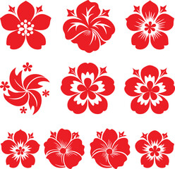 Collection of nine vibrant red floral motifs featuring intricate petal designs and a classic stylized aesthetic perfect for decorative applications