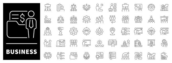 Finance, strategy, meeting, graphs, and growth concepts designed in professional minimalism. Executive-level collection of 50 linear icons for business themes