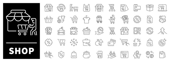 Shopping bags, carts, tags, discounts, and storefronts depicted in a clean linear style. Retail-focused set of 50 line icons for shop and commerce visuals