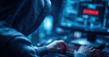 Person in hoodie using a computer with cybersecurity and hacking interface on screen in darkened room for digital security concept