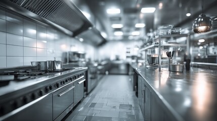 Modern professional stainless steel commercial kitchen with cooking equipment and utensils in a food preparation area