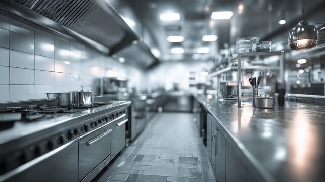 Modern professional stainless steel commercial kitchen with cooking equipment and utensils in a food preparation area