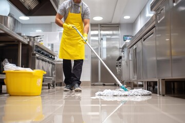 Professional cleaner in yellow apron mopping shiny kitchen floor in commercial food service environment with cleaning tools and stainless steel appliances