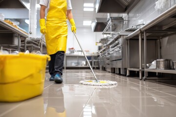 Fototapeta premium Professional restaurant cleaner in yellow apron and gloves mopping shiny tiled kitchen floor with cleaning tools in industrial professional food service environment