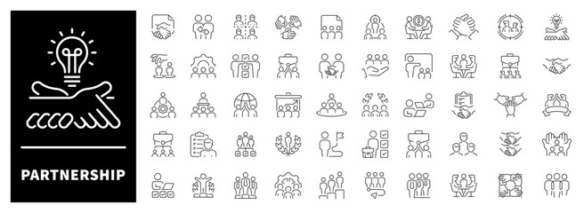 Handshakes, agreement documents, business allies, and trust symbols created in clean linear form. Collaborative set of 50 outline icons for partnership and cooperation visuals