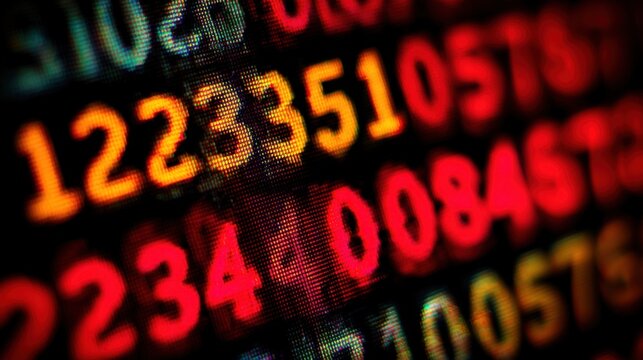 Close-up of colorful illuminated digital stock market numbers displaying financial data and stock prices on a screen with vibrant red, green, blue, and yellow digits - Powered by Adobe