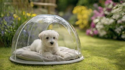 Adorable white puppy relaxing in a clear shelter amidst vibrant flowers in a lush garden.