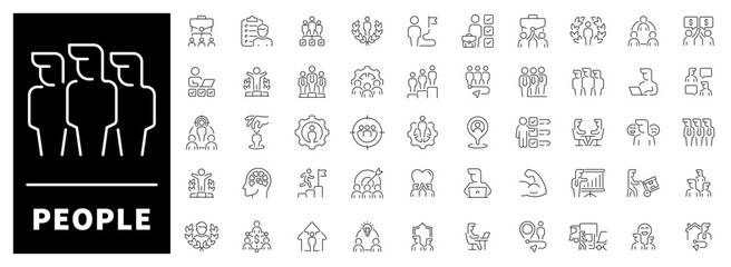 Human roles, faces, professions, and personal avatars reflecting diverse characters and social identities. Universal set of 50 linear icons centered on people and individuality