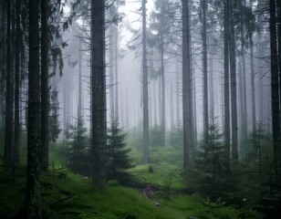 Fototapeta premium A serene misty morning in a green forest with sun filtering through the trees, a path winding into the light