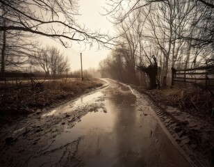 Obraz premium Cold winter road through a snowy forest, enveloped in a misty, frosted landscape