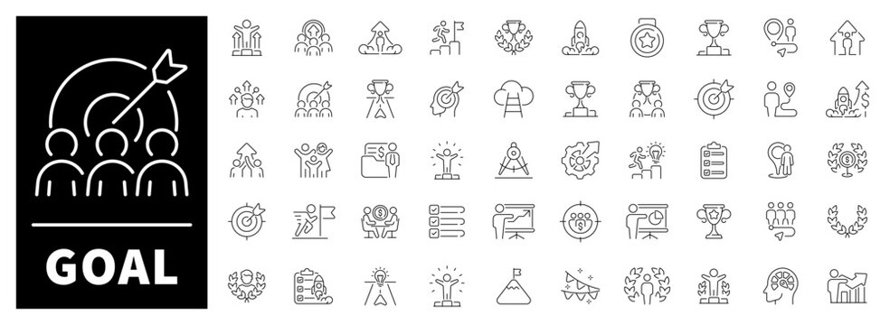 Targets, checkmarks, bullseyes, stairs, medals, and trophies representing achievement and ambition. Motivational set of 50 outline icons about goals and personal success