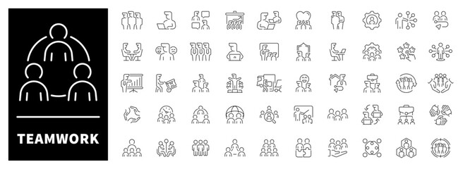 Teamwork, unity, shared goals, and mutual effort people  symbols. Set of 50 linear icons illustrating teamwork and group cooperation