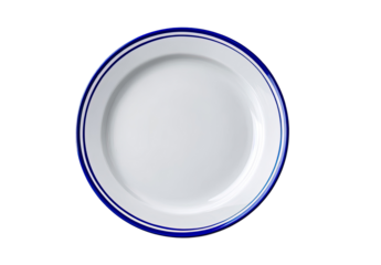 Overhead view of a round white plate with two thin blue bands