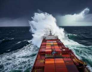 Cargo ship facing a giant rogue wave in the middle of the Pacific Ocean, dramatic storm, cinematic lighting, ultra-realistic”