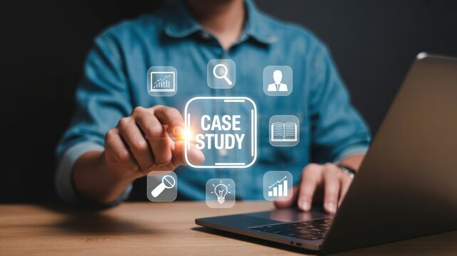 Unveiling Insights with Case Studies: A user interacting with a "CASE STUDY" icon surrounded by analysis tools, emphasizing in-depth research, problem-solving, and proven solutions