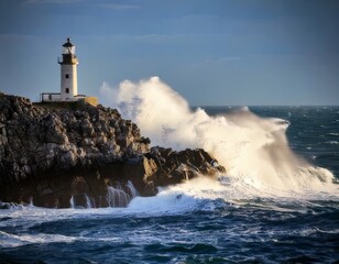 Waves crashing against lighthouse on cliff, ocean spray, strong winds, high drama