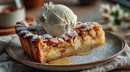 Warm Apple Tart with Vanilla Ice Cream and Honey. The warm, comforting feel of the image makes it ideal for social media posts, blog articles about fall or winter desserts, or for a cookbook. 