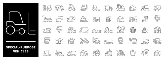 Special-purpose vehicles, fire trucks, ambulances, police cars, and other specialized transport 50-icon linear vehicle set © Jocelyn_Flores