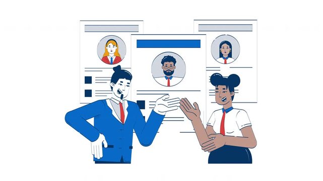 HR managers discussing resumes hand drawn whiteboard animation. Corporate careers. Hiring conversation with CVs candidate profiles animated doodle handdrawn concept pencil drawing 4K video