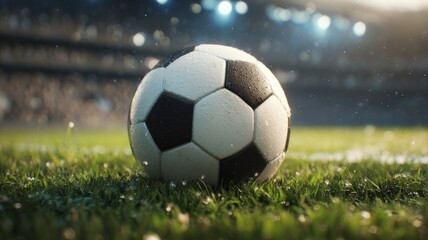 Soccer ball on green field under stadium lights. AI generated
