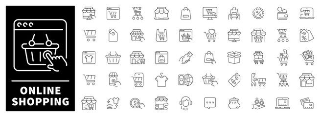 Fototapeta premium Set of 50 linear icons related to Online shopping. Online shopping and delivery elements 50-icon linear shopping set