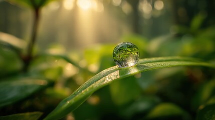 Close-up of a single water droplet resting on a lush green grass blade in a vibrant natural outdoor setting with sunlight filte through trees