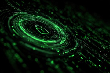 Futuristic digital security concept featu a glowing padlock icon surrounded by vibrant green data points and circular digital patterns