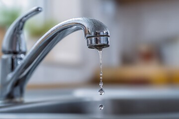 Close-up of a modern kitchen faucet with flowing water droplets over a blurred kitchen countertop background with natural light