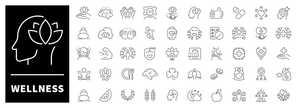 Set of 50 linear icons related to Wellness. Wellness and mindfulness icons 50-icon linear wellness set