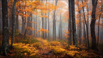 Fototapeta premium Autumn forest pathway with vibrant foliage. AI generated