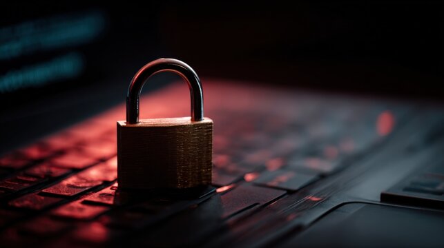 Close-up of a brown padlock placed on a laptop keyboard symbolizing cybersecurity and digital protection in a high-contrast scene