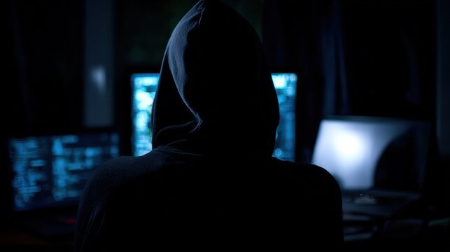 Person in Hooded Sweatshirt Programming on Computers in Dark Room Illuminated by Blue Screen and Digital Data Visualizations