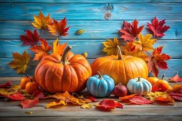 Pumpkins and gourds with colorful autumn leaves on wood