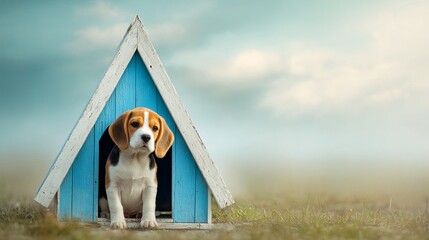 A cute beagle puppy sitting inside a blue doghouse, with a serene background and soft, warm colors.