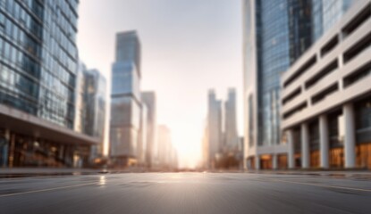 Sunlit city street, blurred skyscrapers