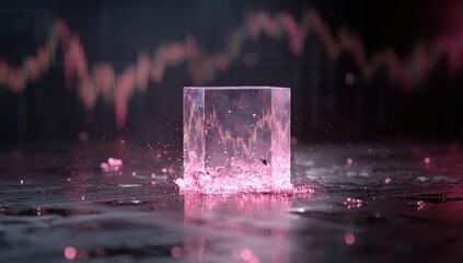 Transparent cube with pink highlights, water splash, and financial data