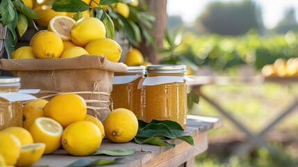 Lively farmer's market stall showcasing jars of lemon jam, with fresh lemons and other produce around.