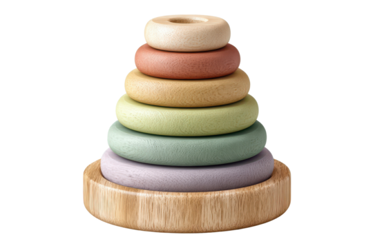 Wooden Stacking Toy: A close-up of a colorful, handcrafted wooden stacking toy with smooth, rounded rings, inviting tactile exploration and imaginative play.