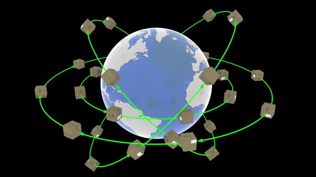 Animazione illustrazione 3D. Spedizione intorno al mondo. Pacchi ruotano attorno al globo per essere consegnati.