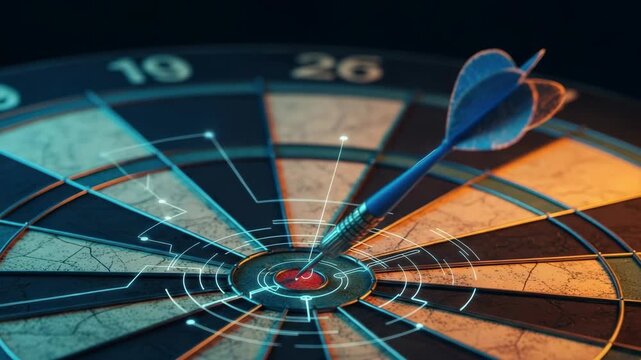 A close-up view of a dart hitting the bullseye on a dartboard showcasing precision and focus with a blurred background emphasizing the game?s competitive atmosphere