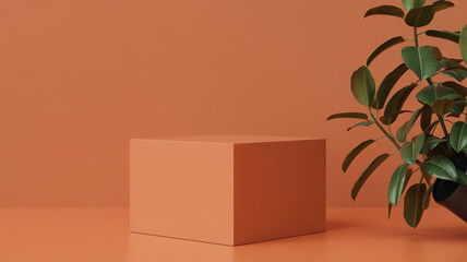 Minimalist studio scene with a terracotta cube and green plant
