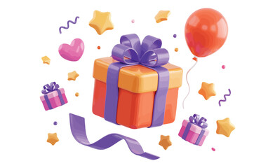 Orange gift box with purple ribbon surrounded by balloons, stars, and confetti on colorful background, perfect for celebration and festive themes
