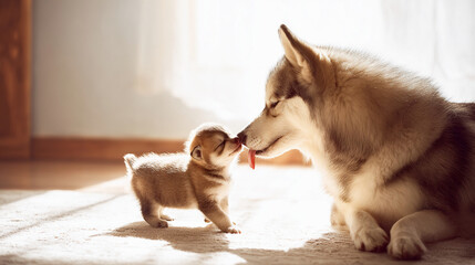 Mother Dog Licking Her Puppy in Sunlight
