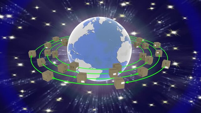 Animazione illustrazione 3D. Spedizione intorno al mondo. Pacchi ruotano attorno al globo per essere consegnati.