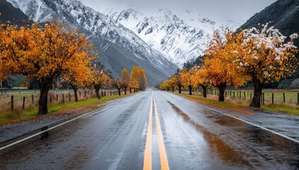 Autumn road, snowy mountains, rain