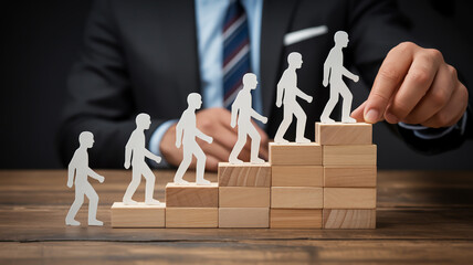 Businessman guiding paper people up wooden stairs representing career growth and success