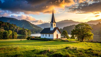 Fototapeta premium Scenic church by a lake at sunset