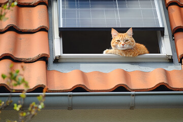 Ginger cat gazes from attic window with solar panel view and orange tiled roof