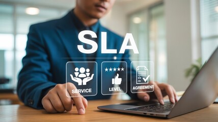 Ensuring Service Excellence: A person interacting with a "SLA" interface, emphasizing robust service level agreements and customer satisfaction