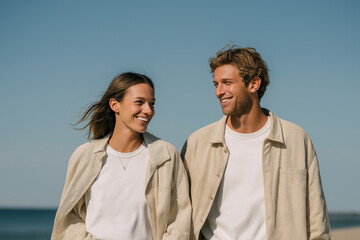 Happy couple walks together laughing on peaceful sunset beach scene.